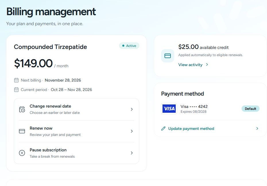 Billing management in the actual Fresh Day portal, populated with fictional data