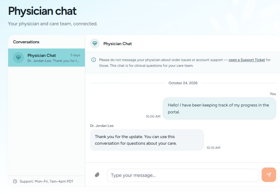 Physician chat in the actual Fresh Day portal, populated with fictional data