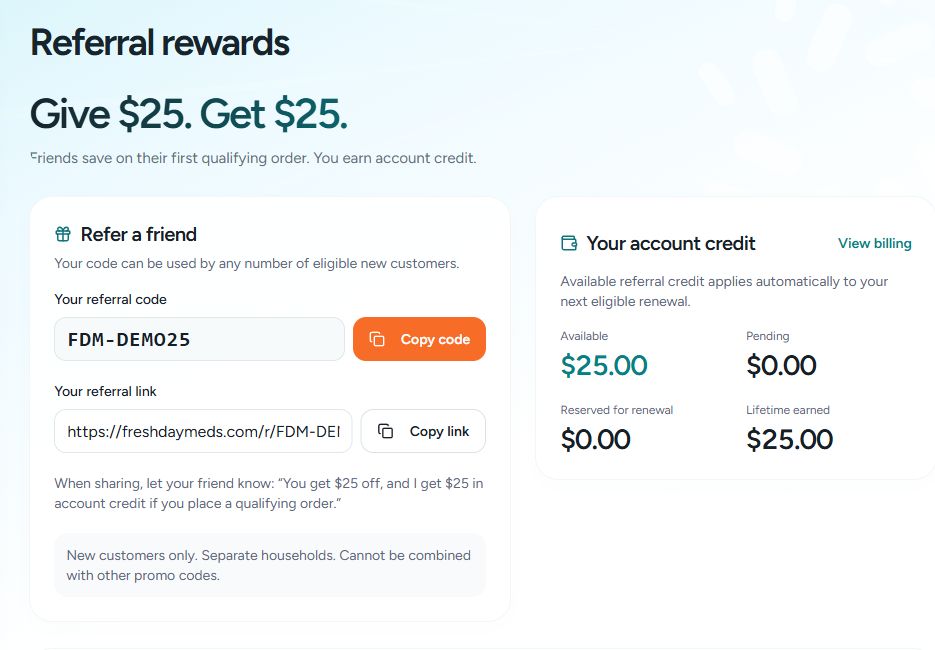 Your code. Your credit. in the actual Fresh Day portal, populated with fictional data